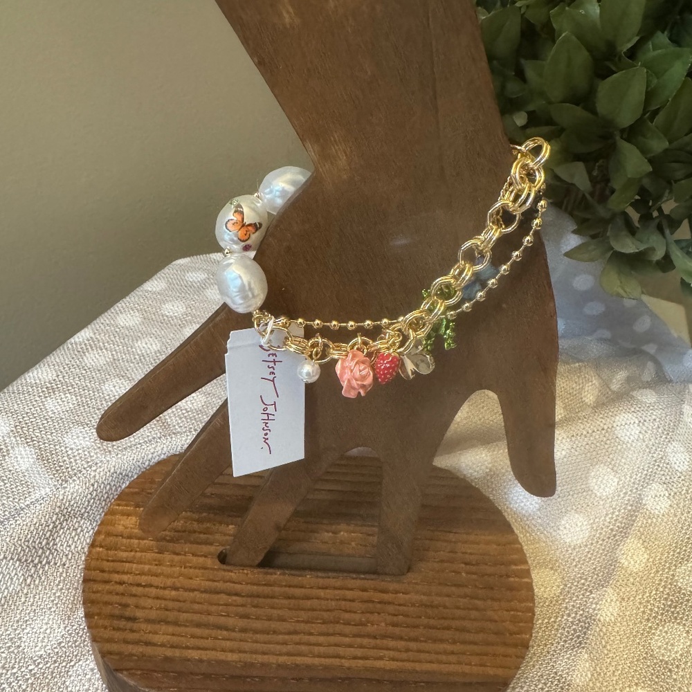 Betsey Johnson Butterfly Charm Faux Pearl Stretch Bracelet